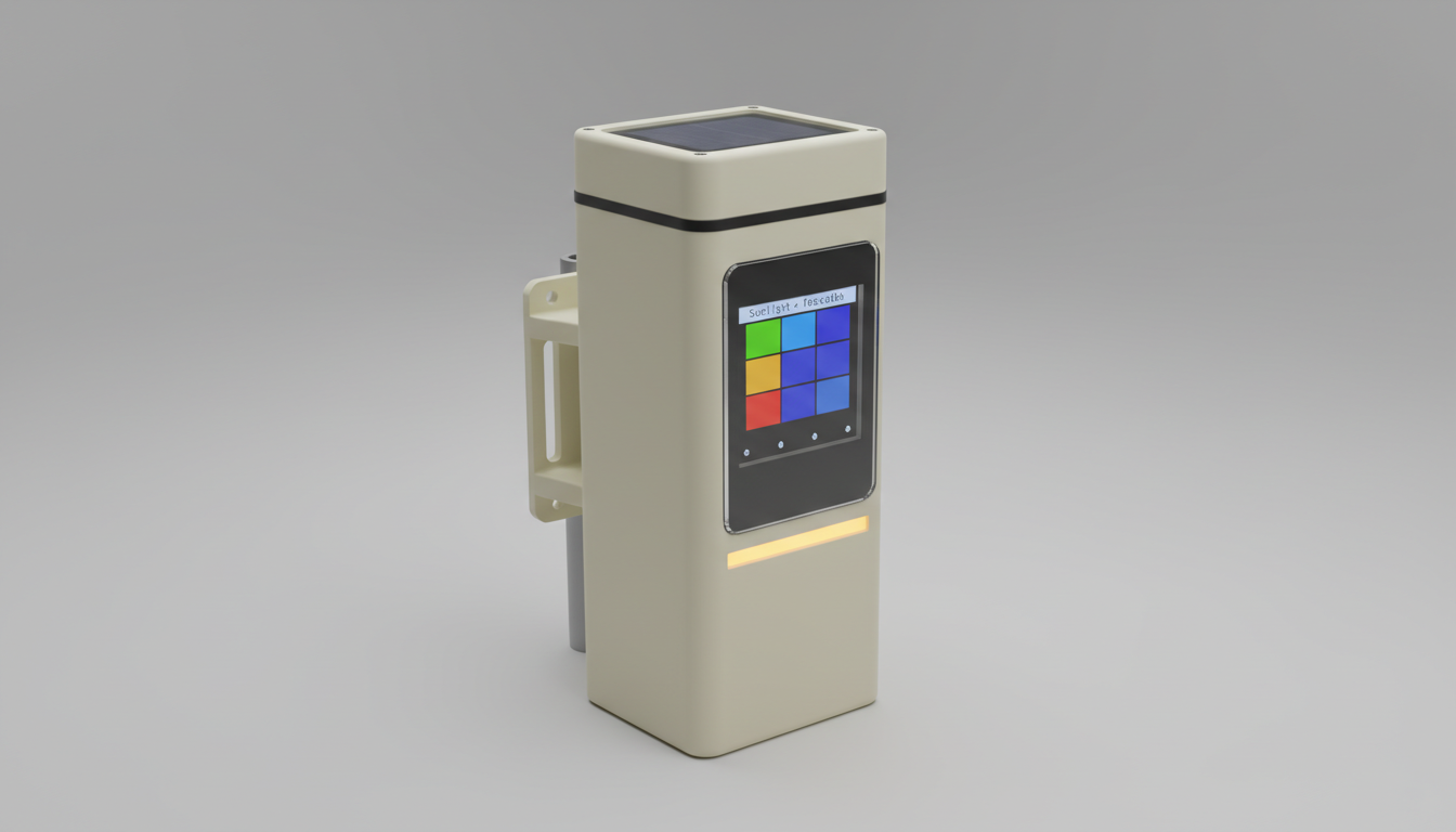 Photoreal render of the WanderSafeMesh node v1: cream IP67 enclosure with solar panel on top, e-ink color display, side mounting bracket.